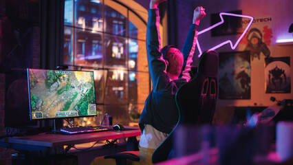 Successful Female Gamer Playing and Winning in PvP RPG Strategy Video Game in Which Players Fight in a Tournament on Personal Computer. Stylish Young Woman Celebrating Victory in Cozy Room at Home.
