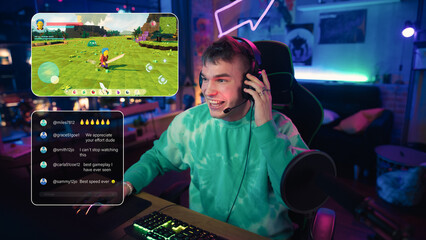Hyped Streamer Playing a Video Game Online. Stylish Man Streaming MMO Gameplay from Home in Living...