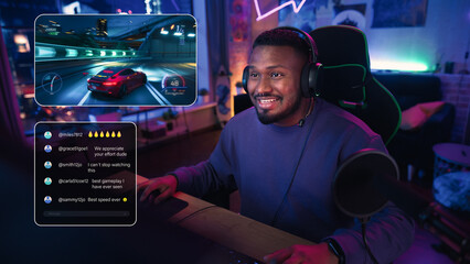 Excited African American Streamer Playing a Racing Video Game. Man Streaming His Gaming Progress...