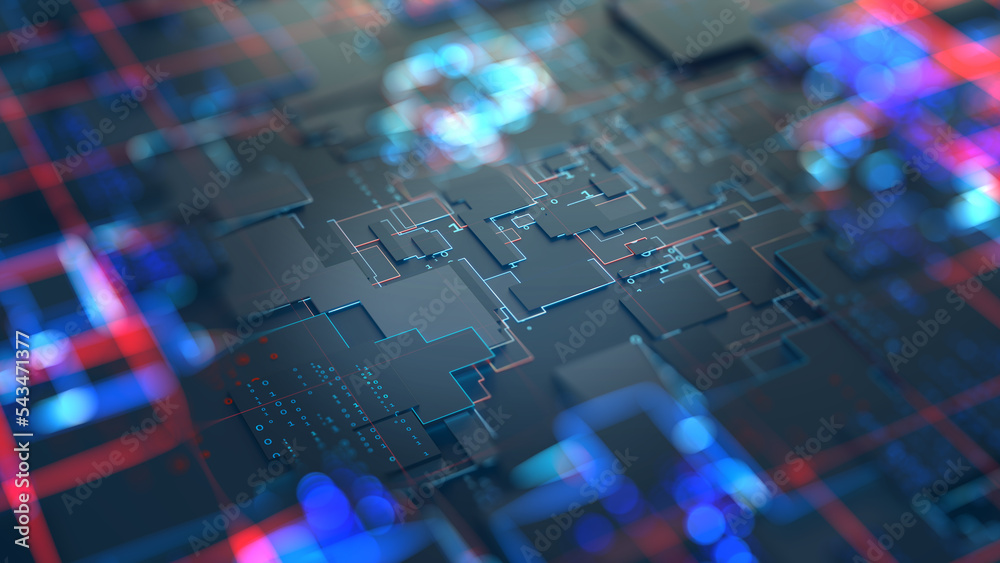 Poster cyber, nano, techno background. 3d illustration of a computer circuit of a fantastic neural network