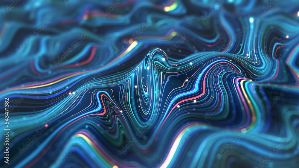 Poster Big data field of a stream of interlaced strings. 3D illustration of wavy cyberspace