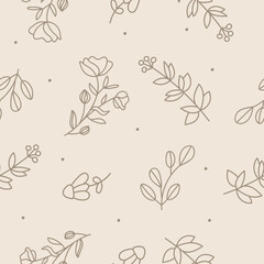 Seamless floral pattern with one line flowers and leaves. Vector hand drawn illustration.