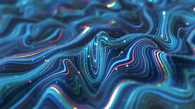 Big data field of a stream of interlaced strings. 3D illustration of wavy cyberspace