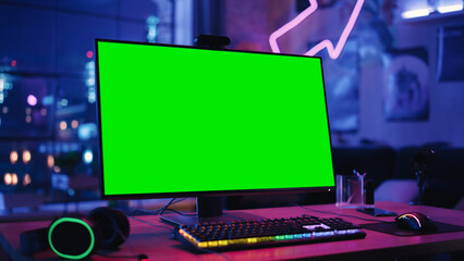 Gaming at Home: Empty Gamer Station with Player's Personal Computer with Green Screen Chroma Key...