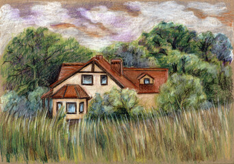 Big house on the hill drawing in color pencils.