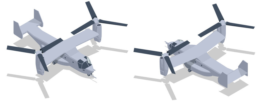 Isometric United States Air Force V-22B Osprey tiltrotor military aircraft. Tiltrotor for military operations. V STOL military transport aircraft