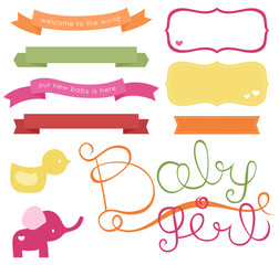 set of banner ribbons and labels for newborn baby girl cards