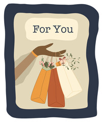 Woman's hand holding paper shopping bags. Christmas holiday time. Preparing for celebration Christmas eve or new year. African american girl. Flat style