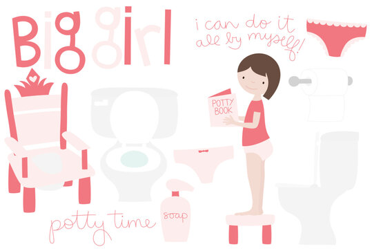 potty training girl character and icons set