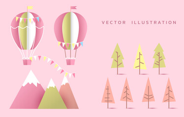 decoration, balloon, mountain, pink background, different types of trees.