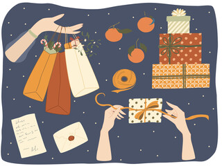 Draw illustration character design collection stickers hands wrapping a gift, letter, gift and hands hold gift bags for Christmas and New year. Seasonal Xmas greetings bundle.