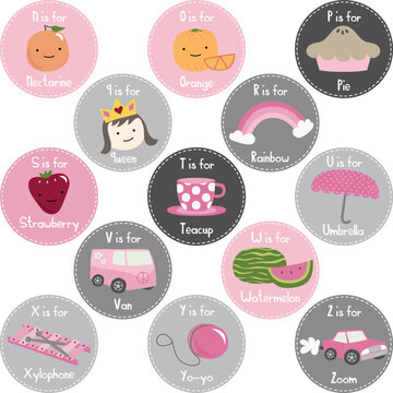girly set of round girl-themed design elements for flashcards n-z