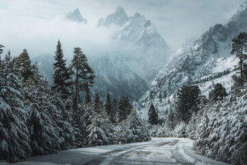 Snowy road in Wyoming leading to the Grand Teton mountains covered in clouds with snow covered fir trees lining the side of the road during winter