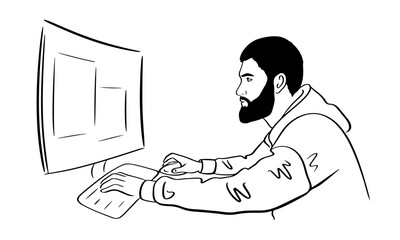 A Young Brunette Man with A Beard Works or Plays at the Computer. Programmer, Gamer, Businessman. Black and White Line Drawing. A Person Looks at the Monitor. Illustration of Working at a Computer.