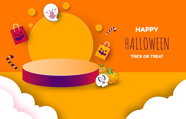 Happy Halloween sale banner and podium. orange background.