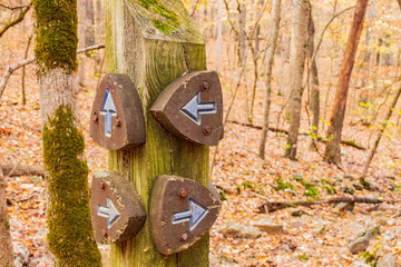 Close up shot of a direction arrow sign in Lake of the Ozarks state Park