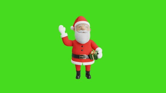 Santa clause holding a gift and hand shake animation character on green background, Santa clause hand shake and holding a gift for Christmas