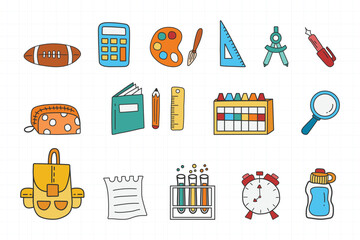 Set of Back to School icons isolated on white grid background. Vector of the many icons on the topic of education equipment and school.