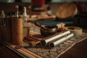 Music instrument on a colorful indigenous carpet during sacred Maya ceremony in Tulum 