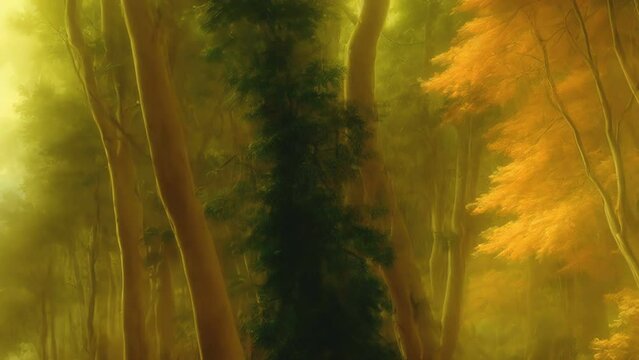 Generative AI animation of surreal painting of trees in romantic victorian landscapes. Digital image painted manipulation of a forest videoloop impressionism style.