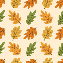 Autumn Vector Seamless Pattern With Multicolored Oak Leaves. Forest Natural Print, Background, Textile Design, Packaging Paper. Leaves In Autumn Colors.