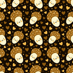 Autumn Vector Seamless Pattern With Cute Cartoon Smiling Brown Acorns, Hearts and Dots on a Black Background. Children's Print, Romantic Textile Design, Packaging Paper. Funny Forest Characters.
