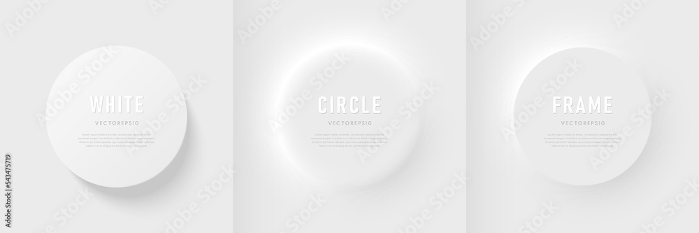 Poster set of 3d round circles frame on white gray background with light and shadow. abstract geometric ped