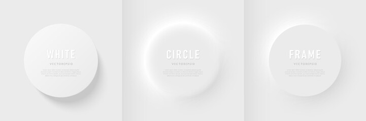 Set of 3D round circles frame on white gray background with light and shadow. Abstract geometric pedestal podium for product display or copy space in top view, Minimal neumorphism design. Vector EPS10
