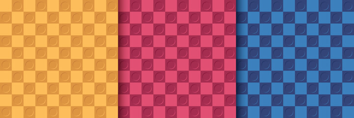 Set of yellow, pink red and dark blue in seamless checkered pattern design background. 3D Geometric texture trendy color collection design. Use for web banner, artwork template, cover. Vector EPS10.