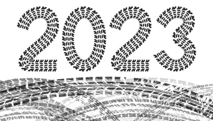 2023 new year card with tire wheel marks of cars. Vector illustration