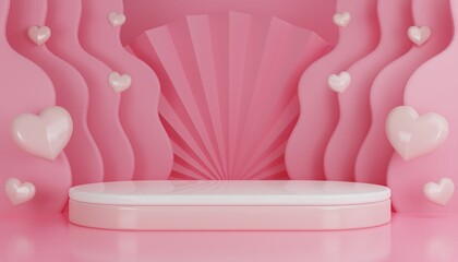  3d render valentine's day with pink podium display for product in love and heart with cylinder podium stand to show cosmetic product on background.

