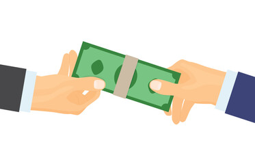 businessman giving money to another businessman; payment, salary, bribe, loan, transaction, contract, dividend, bank concept- vector illustration