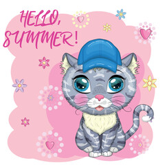 Cartoon cat in a hat with flowers. Summer, vacation. Cute child character, symbol of 2023 new chinese year