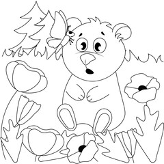 Vector coloring pages with cute bear sits in a meadow with poppies in the woods with a butterfly on his head. Cartoon contour illustration isolated on white background