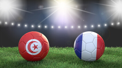 Two soccer balls in flags colors on stadium blurred background. Tunisia vs France. 3d image - obrazy, fototapety, plakaty