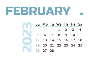 Calendar for the month of february 2023. Horizontal calendar