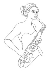 Silhouette of beautiful woman playing saxophone in continuous line modern style. Saxophonist girl, slim. Aesthetic decor sketches, posters, stickers, logo. set of vector illustrations.