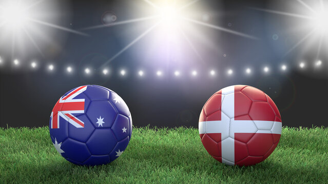 Two soccer balls in flags colors on stadium blurred background. Australia vs Denmark. 3d image
