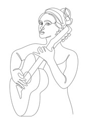 Silhouette of a beautiful woman with a guitar in a modern continuous line style. Girl guitarist, slender. Continuous line drawing, decor aesthetic outline, posters, stickers, logo. Vector illustration