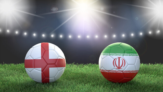Two soccer balls in flags colors on stadium blurred background. England vs Iran. 3d image