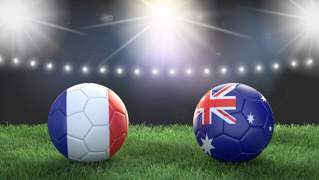Two soccer balls in flags colors on stadium blurred background. France vs Australia. 3d image
