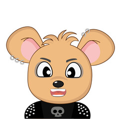 A cute little mouse dressed as a rock star with make-up, piercings and a T-shirt with a skull