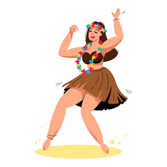 Hawaiian hula dancer, dancing in traditional costume. Flat vector illustration. - obrazy, fototapety, plakaty