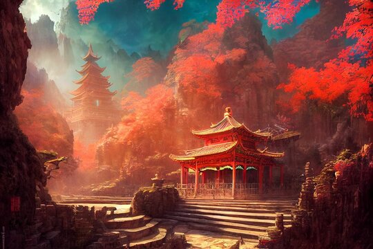 AI-generated image of an oriental temple in a red autumn forest