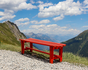 bench in the mountains - obrazy, fototapety, plakaty