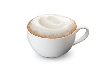 Hot coffee cappuccino with high foam in white cup isolated on white background.