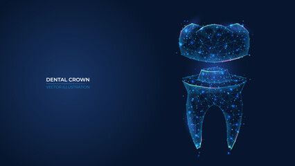 Futuristic abstract dental crown symbol. Wireframe concept of healthy restored teeth. Low poly geometric 3d wallpaper background vector illustration.