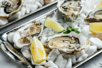 Fresh oysters on metal tray with lime, lemon and ice, banner, menu, recipe place for text, top view