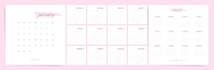Minimal square 2023 calendar design. Week starts on Sunday. Editable clean and elegant calendar page template. Minimalist trendy design for desktop design calendar planner. Set of 12 months - obrazy, fototapety, plakaty