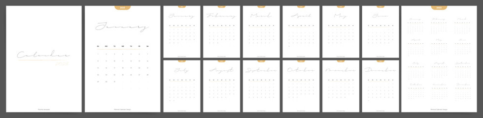 Calendar 2023 template. Week starts Sunday.Elegant aesthetic design template vector set of 12 monthly pages.
